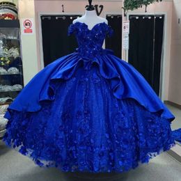 Stunning Blue Quinceanera Dresses Tier Satin Vestidos De 15 Anos 3D Flower Appliques w ith Crystal Mexican Girls Birthday Dress 0516