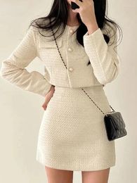 Work Dresses Winter Vintage Elegant Two Piece Set Women Patchwork Long Sleeve Y2k Skirt Suit Female Buttons Crop Coats Mini 2024