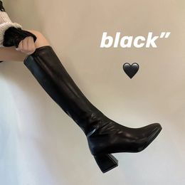 Comemore Knee-length Boots Women Womens Rubber Shoes Sexy Square Heel Thigh High Heels Luxury Winter Heeled Booties Black 240516