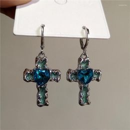 Dangle Earrings Gothic Classic Blue Crystal Heart Cross Drop For Women Men Charm Y2K 2000s Party Aesthetic Jewellery EMO Accessories