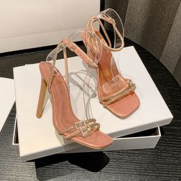 Ladies High Heels 2024 Summer New European and American Simple Square Toe Heels Banquet Rhinestone High-heeled Sandals