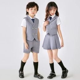 Children Summer School Uniform Suit Set Boys Girls Grey Vest Shorts Tie Clothes Kids Host Party Performance Pogray Costume 240516