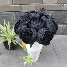 Decorative Flowers 12 Head Black Rose Artificial Simulation Peony Bouquet Home Room Wedding Halloween Chritmas Party Decoration Fake Flower