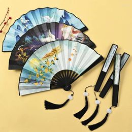 Decorative Figurines 8-inch Handheld Dancing Fan Chinese Style Double-sided Silk Cloth Tassel Ink Painting China-Chic Antique Folding