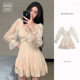 Women's Swimwear One-piece Swimsuit Women Summer Sexy Backless Lace Skirt Long Sleeve Push Up Beach Bathing Suit Solid Beige