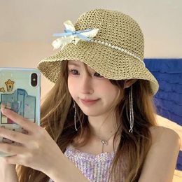 Berets Sweet Pearl Bow Straw Bucket Hat Summer Travel Po Versatile Sunscreen Seaside Vacation Korean Version Beach Caps For Woman
