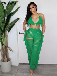 Women's Two Piece Pants Sexy Beach White Women 2pcs Set Tassel Crop Tops And Hole Wide Leg Sweatsuit Tracksuit Outfits