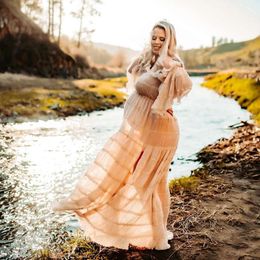 Chiffon Maternity Dress Photo Shoot Boho Pregnancy Photography Gowns Sides Slit With Strapless Pleated Pregnant Women Dresses