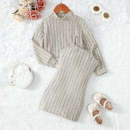 Clothing Sets Two Piece Girl Fashion Casual Apricot Fleece Long Sleeved Medium High Collar Woolen Sweater And Vest Dress Set