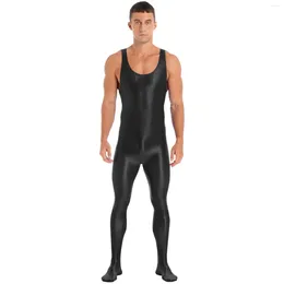 Women's Swimwear Mens Oil Shiny Sleeveless Footed Bodysuit Bodybuilding Fitness Workout Wrestling Jockstrap Singlet Jumpsuit Rash Guard