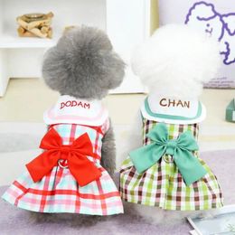 Dog Apparel Dress With Traction Ring Button Closure Plaid Print Letter Embroidered Bowknot Design Thin Puppy Princess Pet Costume