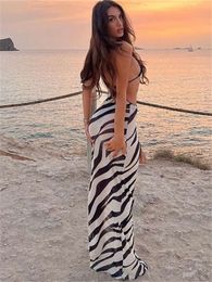 Bikini Cover Ups Swimwear Women Zebra Print Long Beach Wear Dress Transparent Mesh Maxi Striped Cut Out Bodycon Summer Vacation