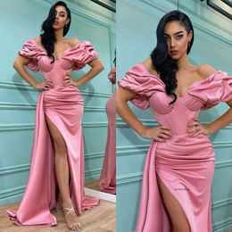 Fashion Pink Prom Dresses Ruffle Off Shoulder Evening Gowns Pleats Slit Formal Red Carpet Long Special Ocn Party Dress 0516