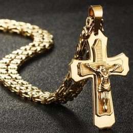Fish Bone Pattern Cross Pendant Necklace Men 14K Gold Crucifix Jesus Link Byzantine Chain Necklace Catholic Jewelry Gift