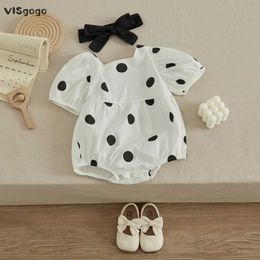 Rompers Visgogo Baby Womens Hoodie Round Dot Puff Sleeve Tight Fit Bow Headband Set Cute Style Baby Summer Clothing d240517