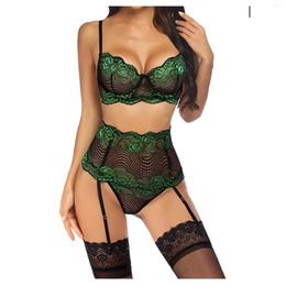 Bras Sets Sexy Garter Belts Bra Panty Floral Embroidery Women Split Underwear Three Piece Seductive Thin Lingerie Set