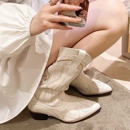 Boots Lucyever White Cowboy for Women Embroidery Pointed Toe Mid Calf Botas Female Slip On Thick Heels Cowgirl Woman 42 H240517