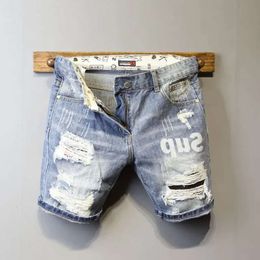 Men S Jeans Summer Light Blue Ripped Cat Whisker Patch Letter Print Slim Denim Shorts Teenagers Boys And Girls Cowboy Short Pants Ec