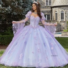 Vintage Lilac Quinceanera Dresses Sweetheart Flare Sleeve Sweet 16 Prom Gown 3D Flower Pearls vestidos de 15 quinceanera 0516