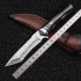 1Pcs New High End Damascus Straight Knife Damascus Steel Tanto Blade Ebony with Steel Head Handle Outdoor Fixed Blade Hunting Knives With Leather Sheath