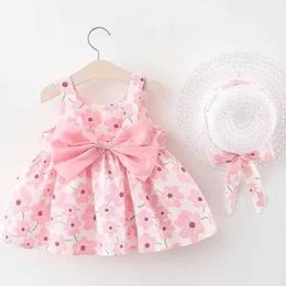 Girl's Dresses New girl floral dress sweet summer bow toddler beach dress for children aged 0 to 3 newborn clothing+hat set of 2 pieces