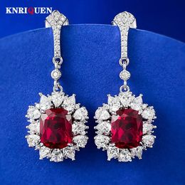 Vintage 925 Sterling Silver 810mm Blood Red Ruby Dangle Drop Earrings for Women Lab Diamond Gemstone Wedding Fine Jewellery Gifts 240507