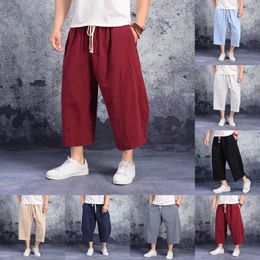 Men's Pants Summer Men Linen Wide Leg Trousers Male Drop Crotch HipHop Man Joggers Calf-Length Track Pant Chinese Style
