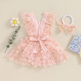 Girl Dresses 0-24months Baby Rompers Dress 3d Flower Sleeve Back Tie-Up Layered Tulle Toddler Hem Bodysuits With Headband