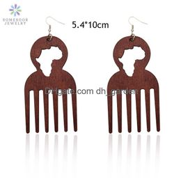 Dangle Chandelier Somesoor Big Engraved Afro Ethnic Comb Design Wooden Drop Tribal Earrings With Hollow African Map Pattern For Black Otexp