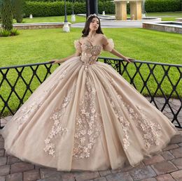 Szampan odłączany rękaw kryształowy kulki kulki quinceanera sukienki 3D Kwiaty aplikacyjne koronkowe gorset vestidos de 15 anos