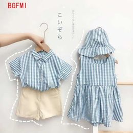 Clothing Sets Brother and Sister Outfit 2023 new childrens plain summer clothing baby boy short sleeved shirt+shorts baby girl dress WX