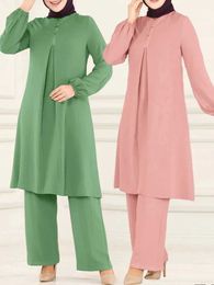 Ethnic Clothing Casual Muslim Dress for Women Blouse 2 Piece Set Long Slve Shirt Wide Leg Pant Suits Saudi Arabic Dubai Dresses Autumn 2023 T240515