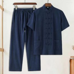 Men's Tracksuits Retro Chinese Style Men Top Pants Suit Stand Collar Short Sleeve Pleated Drawstring Elastic Waist Wide Leg Trousers Set