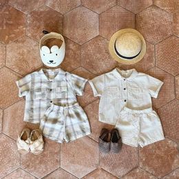 Clothing Sets 2024 Summer Children Boys Clothes Set Cotton Striped Plaid Shorts Suit Turn Down Collar Sports Open Stitch Shirts Infant