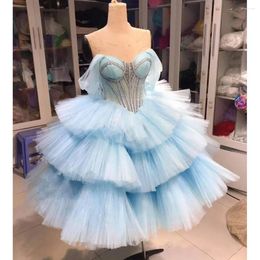 Party Dresses KSDN Formal Evening Dress Sky Blue Tiered Sleeveless Organza Knee Length Special Occasion Pretty Princess Ball Gown 2024