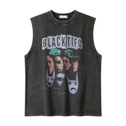 Ghost face printed worn-out washed vest for men's summer loose shoulder bottomed top street trendy casual sleeveless T-shirt M51660