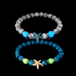 Starfish Charm Beads Bracelet Glow in The Dark Luminous Night Fluorescence with Howlite Turquoise for Men Women Halloween Gift