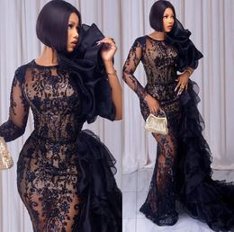 2024 Arabic Aso Ebi Black Mermaid Prom Dresses Sequined Lace Evening Formal Party Second Reception Birthday Engagement Gowns Dress