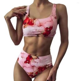 Women's Swimwear Women Bikini Set Bandeau U-neck Girls 2 Pieces Marble Print Bra High Waist Panties Swimsuit