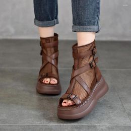 Dress Shoes Birkuir Thick Heel Hollow Out Open Toe Sandals Women High Top Mesh Boots Back Zip Buckle Genuine Leather Platform
