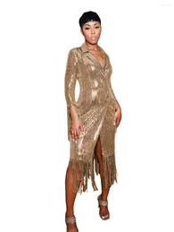 Casual Dresses Gold Silver Sequin Tassel Prom Shirt Dress Elegant Luxury Long Evening Gowns For Women Night Club Outfits Party