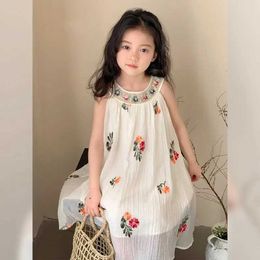 Girl's Dresses Bear Leader Sequin Floral Collar Princess Dress Summer Flower Embroidered Girls Clothes Round Neck Solid Color Kids Costume