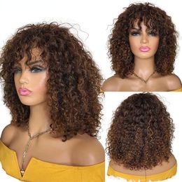 Wholesale Short Curly Bob Human Hair Wigs With Bangs Natural Soft Bouncy Curly Wig Highlight Honey Blonde Coloured Wig For Women Cheap Remy Hair