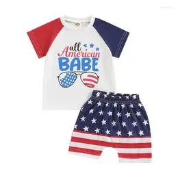 Clothing Sets Baby Patriotic Outfits Sunglasses Star Stripe Print Short Sleeve T-Shirt And Elastic Shorts Set For Toddler