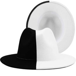 Wide Brim Hats Bucket Hats Black White Patchwork Wool Felt Jazz Fedora Hat Women Unisex Wide Brim Panama Party Trilby Cowboy Cap Men Gentleman Wedding Hat B240516