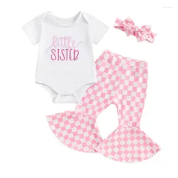 Clothing Sets Summer Infant Baby Girl Outfit Letter Embroidery Short Sleeve Romper Plaids Flare Pants Headband Clothes Set
