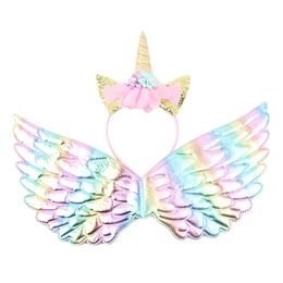Flower Cat Ears Cute Hairband Children Unicorn Headband Rainbow Wings For Kids Po Props Birthday Party Hair Accessories 240516