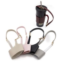 Coffee Leather Creative Pouch PU Holder Carrier With Handle Cup Sleeve Custom For Travel Outdoor Activity