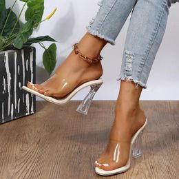 Dress Shoes Trend Fashion PVC Jelly Sandals Crystal Open Toed Sexy Thin Heels Women Transparent Slippers Pumps Outside Plus Size 43
