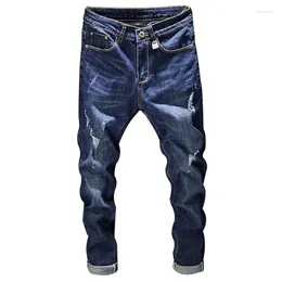 Men's Jeans For Men Dark Blue Stretch Slim Fit 2024 Distrssed Ripped Denim Pants Clothes Long Trousers Hip Hop Frayed